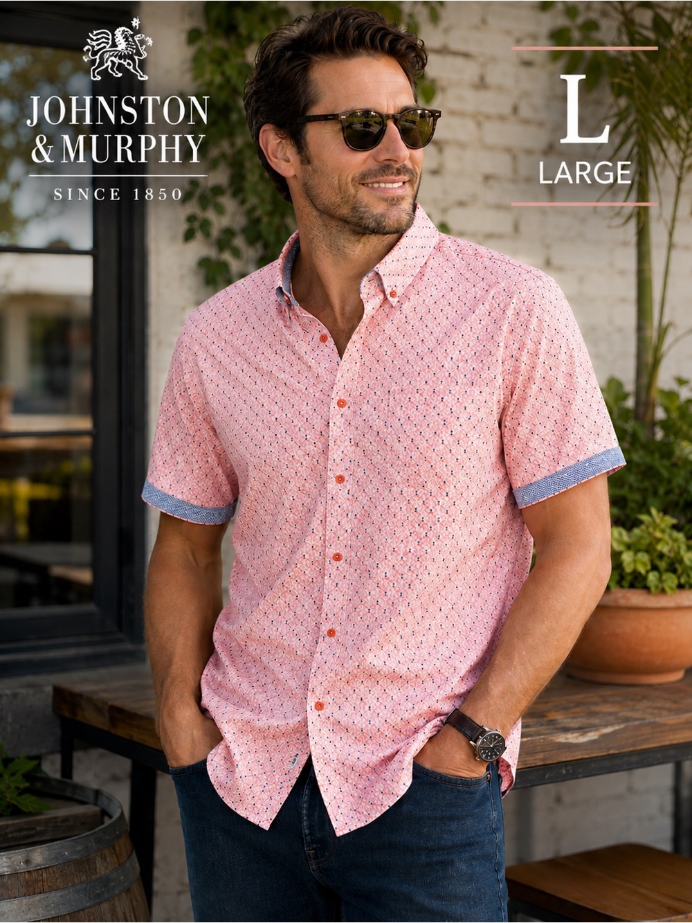 Johnston & Murphy Men’s Large Salmon Pink Button Front Short Sleeve Shirt